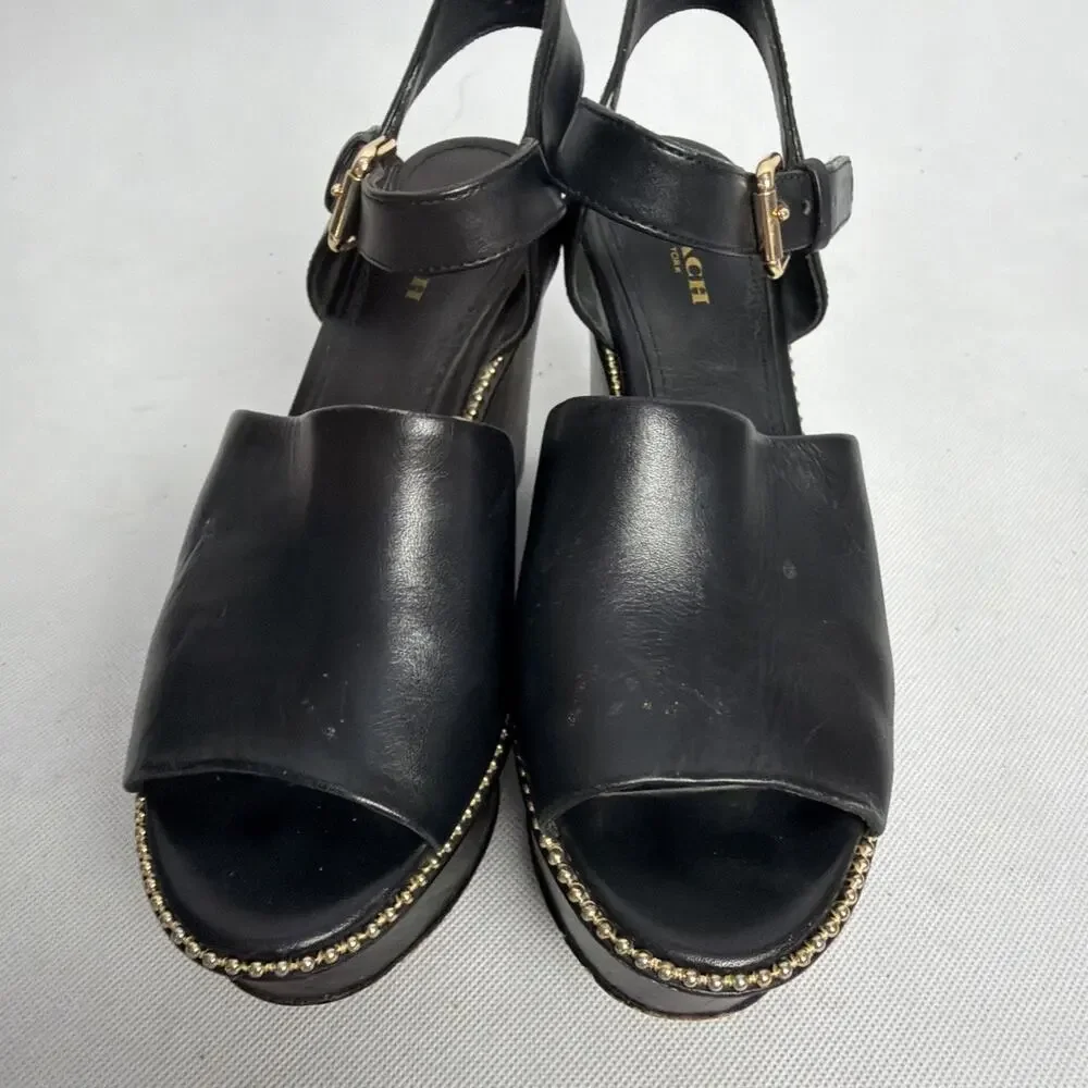 Coach Harla Black Leather Wood Wedge Platform Sandals